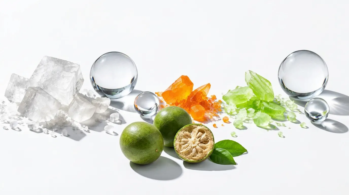 Whole and cut monk fruit beside mineral-inspired crystals and glass