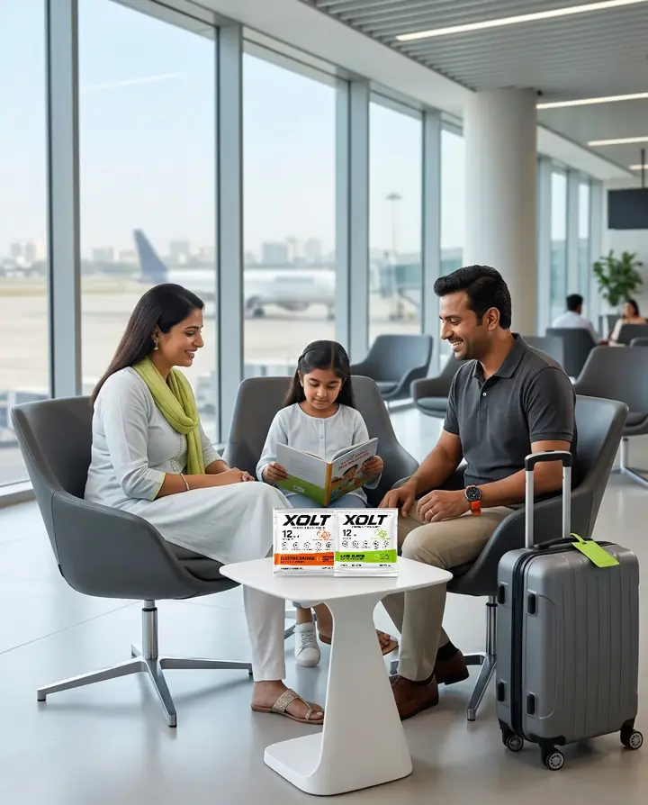 An Indian family with XOLT sachets in an airport lounge